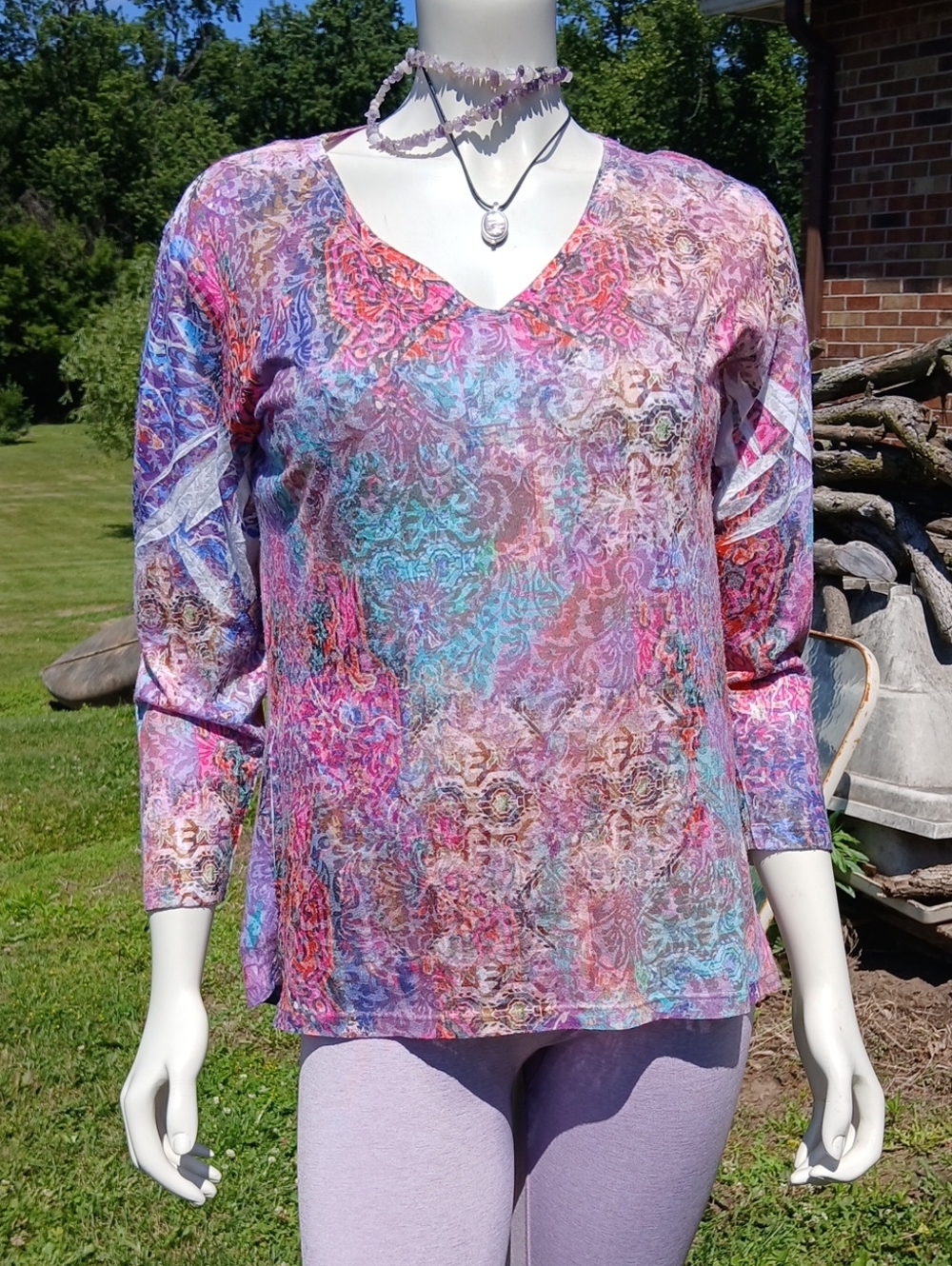 Katharina Marie Women's V-Neck Multicolor Printed Long-Sleeve Top Size Small